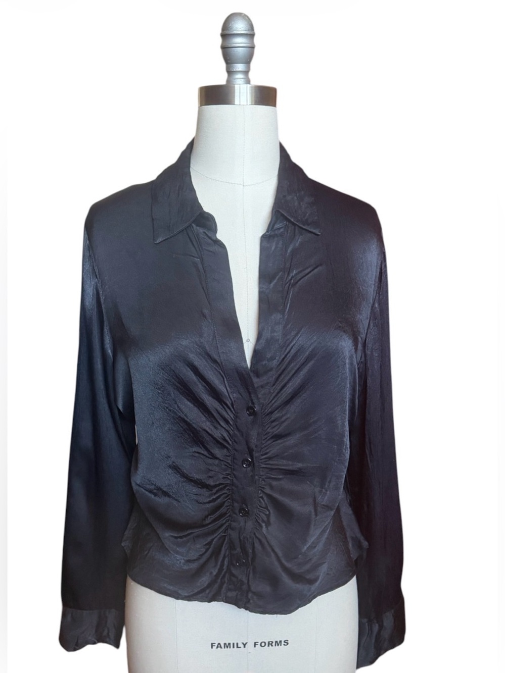 Zara Black Satin Ruched Button-Front Shirt